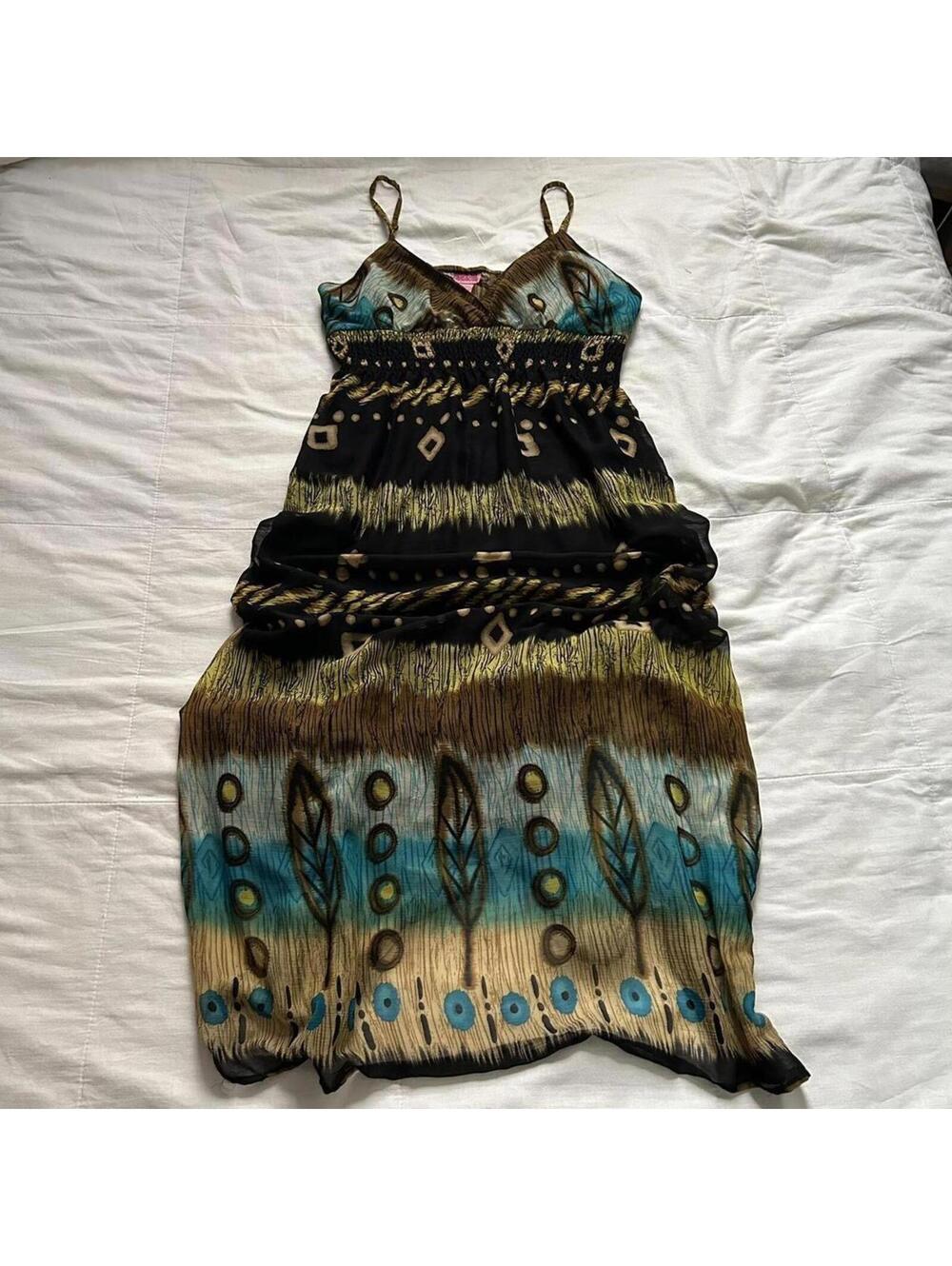 Y2K She Is Cool Tie Dye Boho Babydoll Maxi Dress Size M